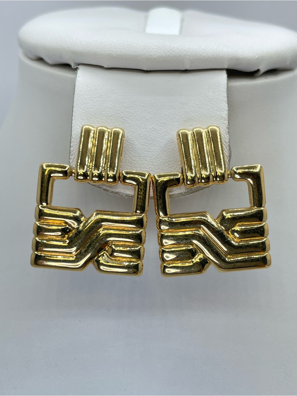 Vintage Monet Gold Tone Geometric Art Deco Dangle Statement Earrings Bold Sleek